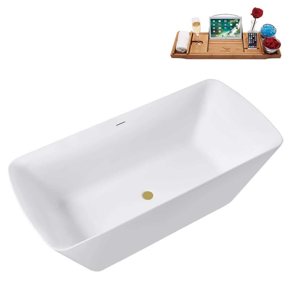 59" Glossy White Acrylic Freestanding Tub with Brushed Gold Trim