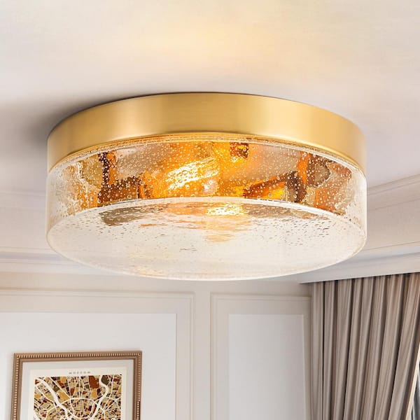 RRTYO Luxton 11 in. 2-Light Brushed Brass Farmhouse Industrial Dome Round Dimmable Flush Mount with Clear Bubble Glass Shade