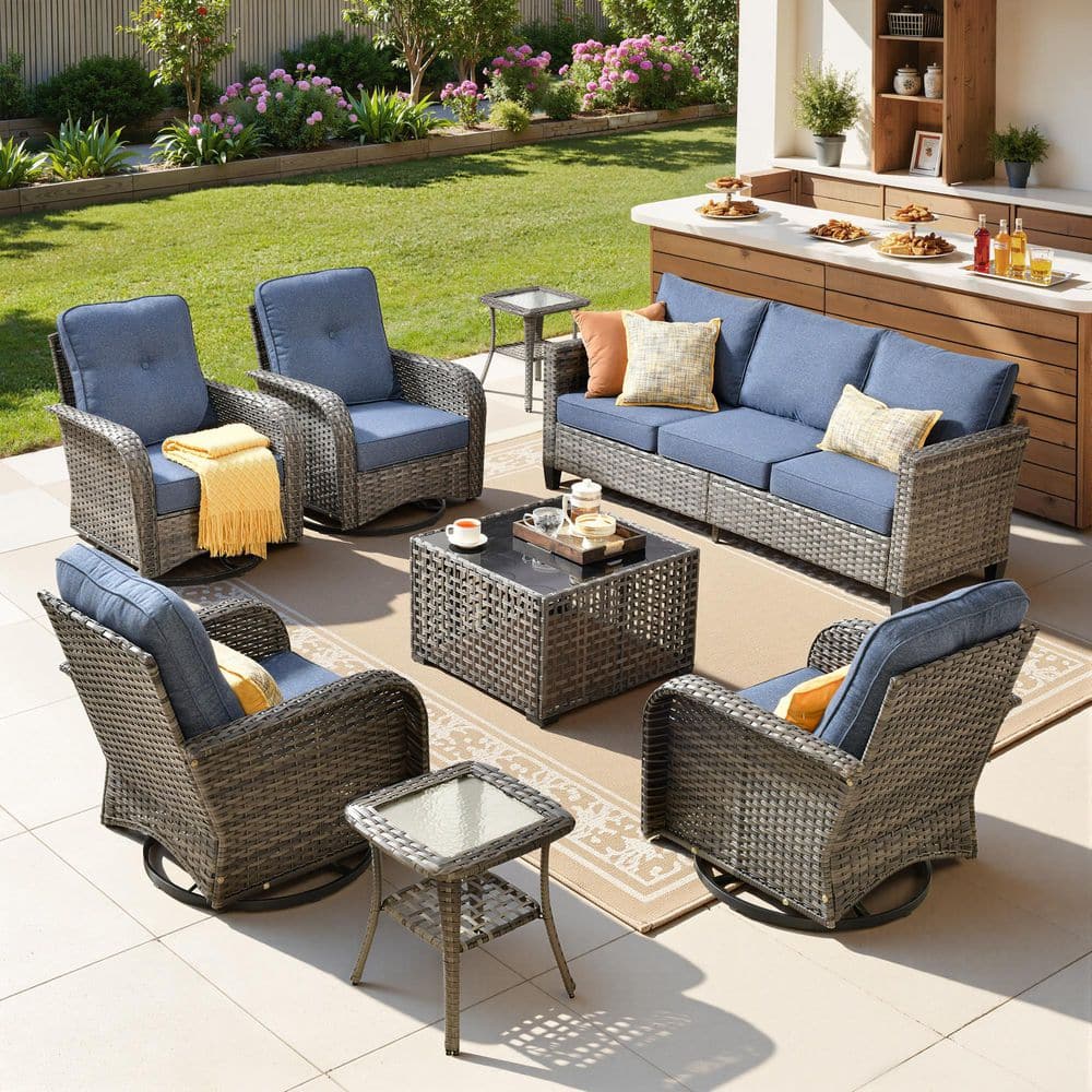 Mirada 8-Piece All-Weather Wicker Outdoor Patio Conversation Sofa Set with Swivel Chairs and Denim Blue Cushions price history on PriceWatchPro