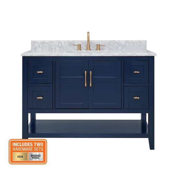 Sturgess 49 in. Single Sink Navy Blue Bath Vanity with White Carrara Marble Top (Assembled)