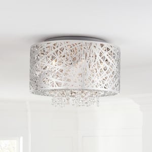 15.75 in. 7-Light Stainless Steel Flush Mount with Laser Cut Mirrored Shade and Crystal Drops
