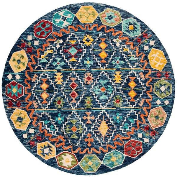 Aspen 5 ft. x 5 ft. Navy/Gold Geometric Round Rug