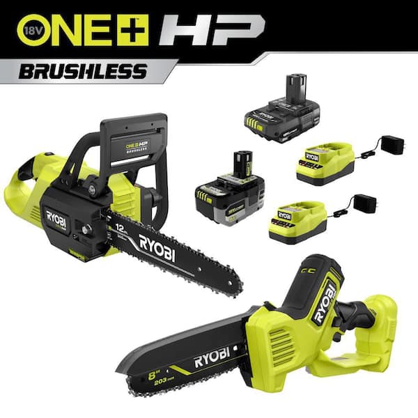 RYOBI ONE+ HP 18V Brushless Whisper Series 12 in. Battery Chainsaw and Pruning Saw w/6.0 Ah, 2.0 Ah Battery and (2) Chargers