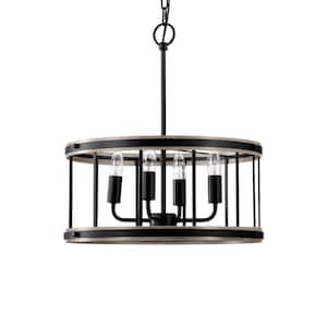 Zera 18 in. 4-Light Indoor Matte Black and Faux Wood Grain Finish Chandelier with Light Kit