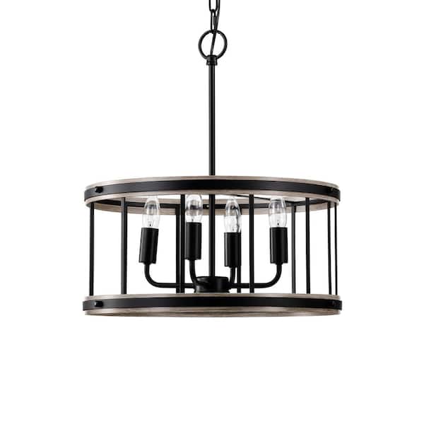 Warehouse of Tiffany Zera 18 in. 4-Light Indoor Matte Black and Faux Wood Grain Finish Chandelier with Light Kit