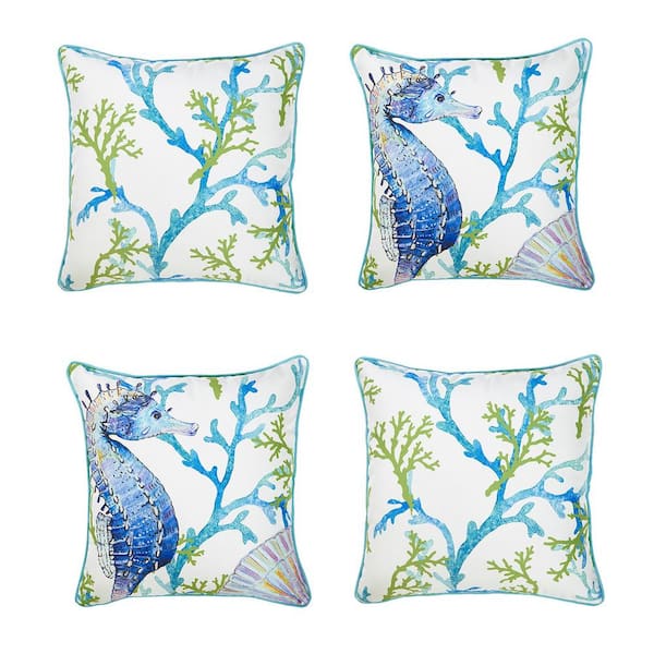 MIKE & Co. NEW YORK Nautical Coastal Seahorse & Coral Decorative Set of 4 Throw Pillow Covers 18 in. x 18 in. Square White & Blue