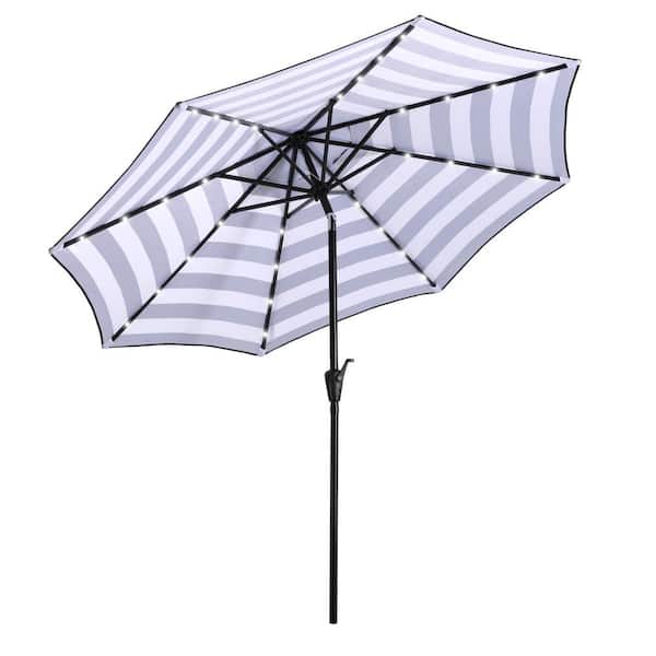 Kadehome 9 ft. Steel Pole Outdoor Market Push Button Tilt & Crank Patio Umbrella with 32 LED Solar Lights in Black & White Stripe