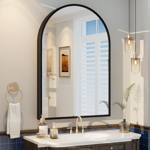 Apmir 26 in. W x 38 in. H Arch Aluminum Alloy Framed and Tempered Glass Wall Decor Bathroom Vanity Mirror in Matte Black