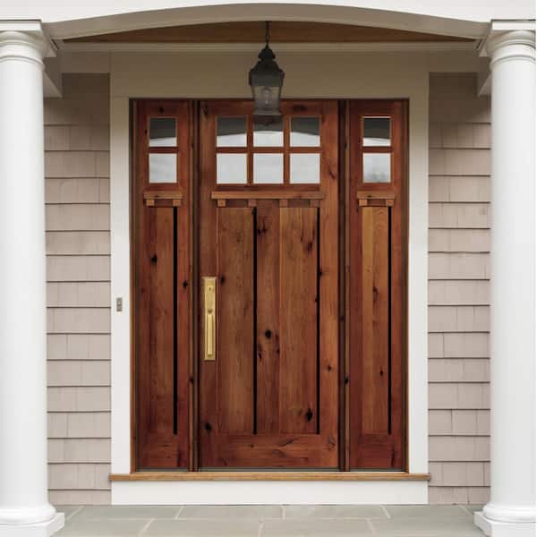 64 in. x 96 in. Craftsman Alder Clear 6-Lite Red Chestnut Stain Wood w.DS Right Hand Single Prehung Front Door/Sidelites