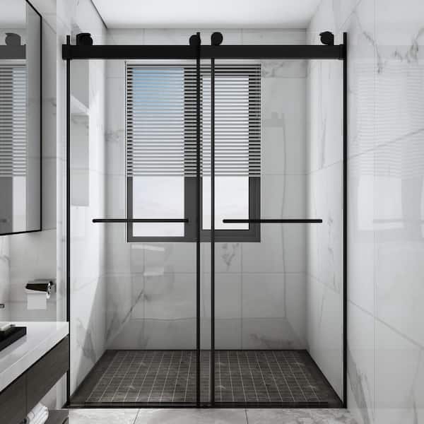 58 in.-60 in. W x 76 in. H Sliding Frameless Shower Door in Matte Black with Clear Glass