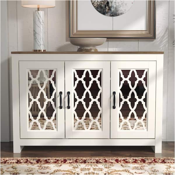 GALANO Heron Ivory with Knotty Oak Wood Top 44.4 in. 3-Door Sideboard