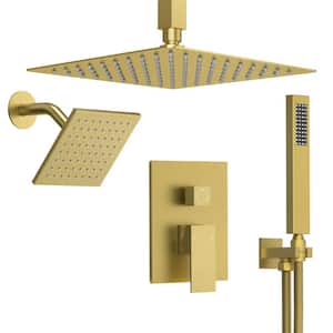 3-Spray Patterns Square Fixed Shower Head 10, 6 in. with 2.5 GPM Wall Mount Dual Shower Heads in Brushed Gold