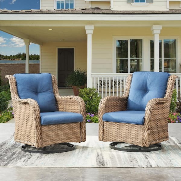 Gymojoy Carolina Wicker Outdoor Rocking Chair with Blue Cushions