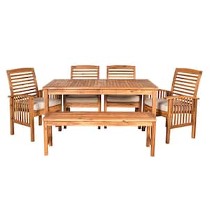 6-Piece Brown Outdoor Classic Traditional Contemporary Acacia Wood Simple Patio Dining Set with White Cushion