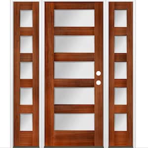 64 in. x 80 in. Modern Douglas Fir 5-Lite Left-Hand/Inswing Frosted Glass Red Chestnut Stain Wood Prehung Front Door