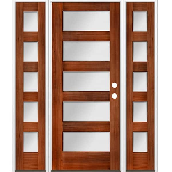 Krosswood Doors 64 in. x 80 in. Modern Hemlock 5-Lite Left-Hand/Inswing Frosted Glass Red Chestnut Stain Wood Prehung Front Door w/DSL