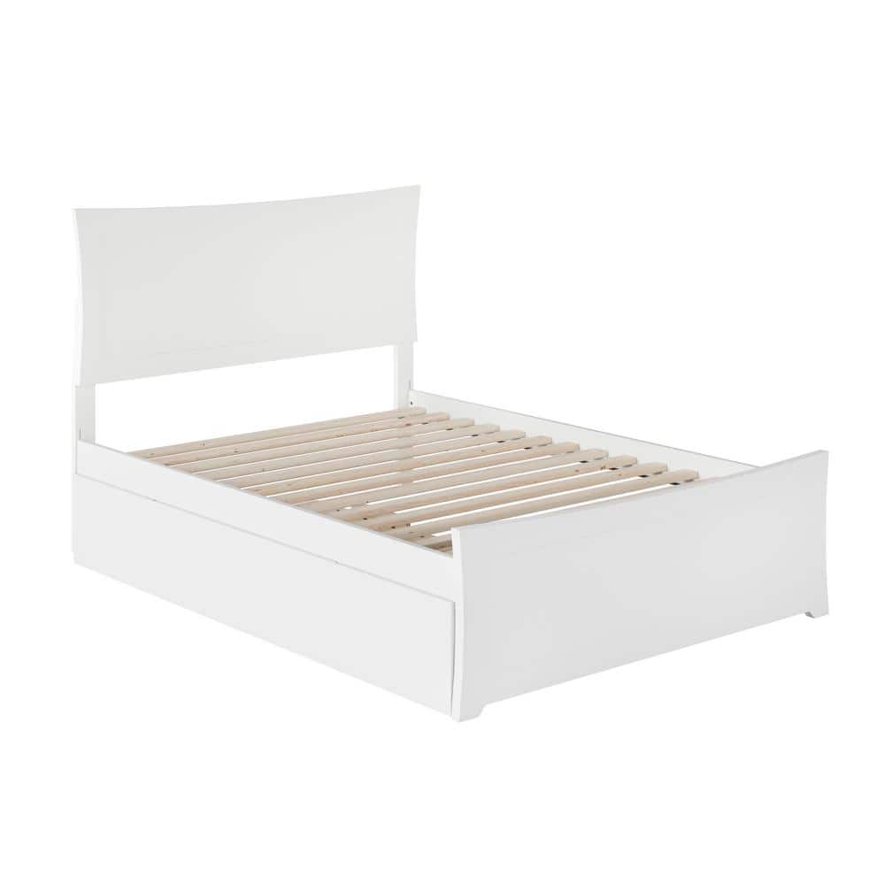 White Full Platform Bed with Wood Headboard and Twin Trundle