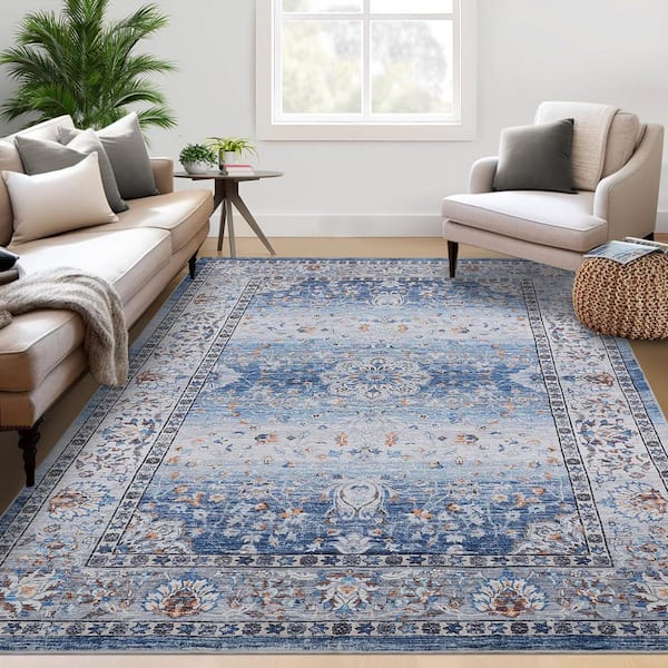 Soft Vintage Distressed Carpet Short Pile Non-slip Rug Washable Printed Rug Living Room Decorative Rug Blue 8X10ft
