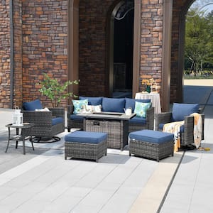 New Star Gray 7-Piece Wicker Patio Rectangle Fire Pit Conversation Set with Blue Cushions and Swivel Chairs