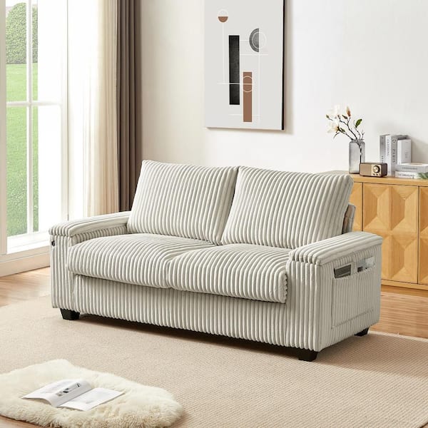 Wilson Modern 71 in. Square Arms Upholstered Corduroy Storage 2 Seater Loveseat in White with USB Port
