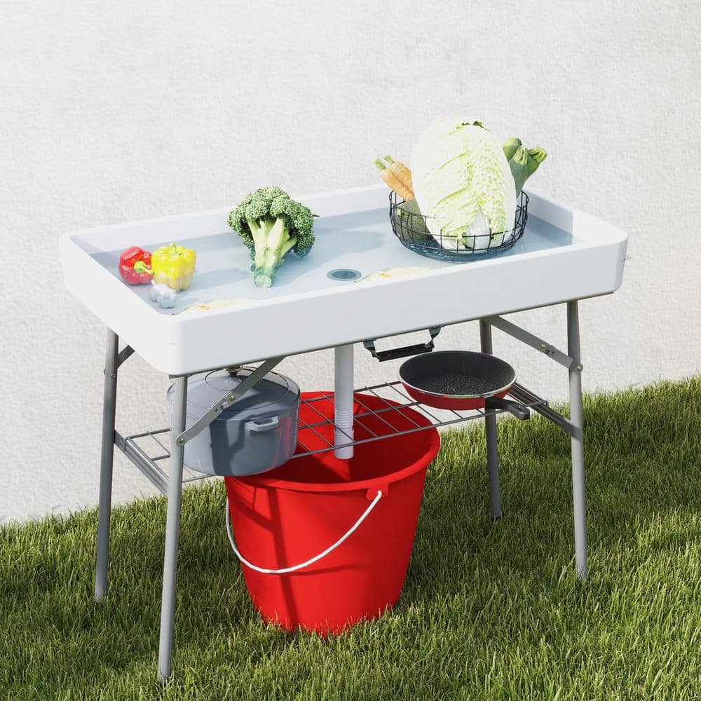 White Folding Steel Ice Cooler Table with Drain and Storage Shelf