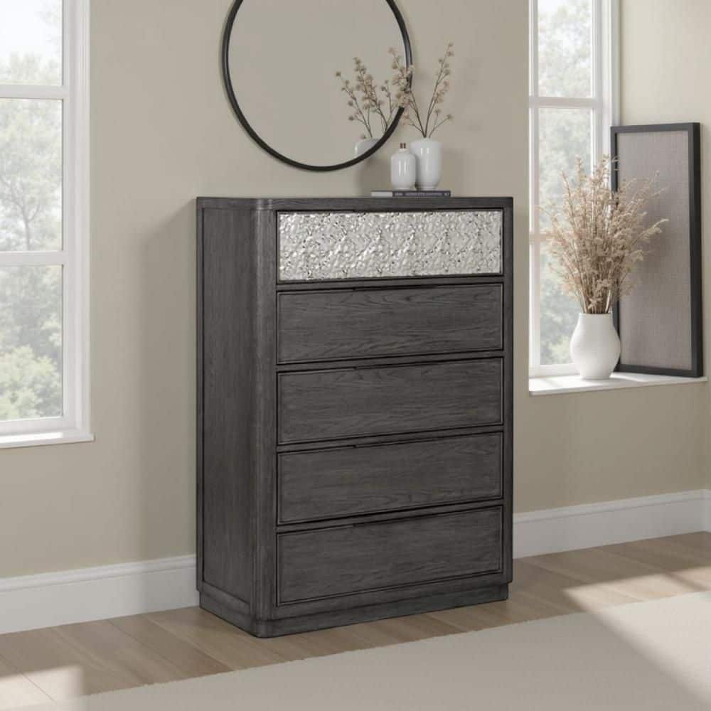 Benjara Zoko Ash Gray and Chrome 5 Drawers 38 in. Tall Dresser