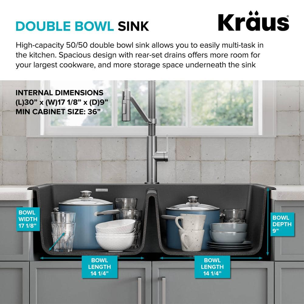 33-Inch Black Granite Double Bowl Drop-In Kitchen Sink