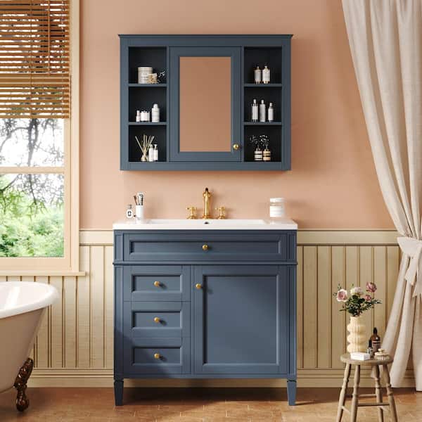 Unbranded 36 in. W x 18 in. D x 33 in. H Single Sink Freestanding Bath Vanity in Blue with White Cultured Marble Top and Mirror