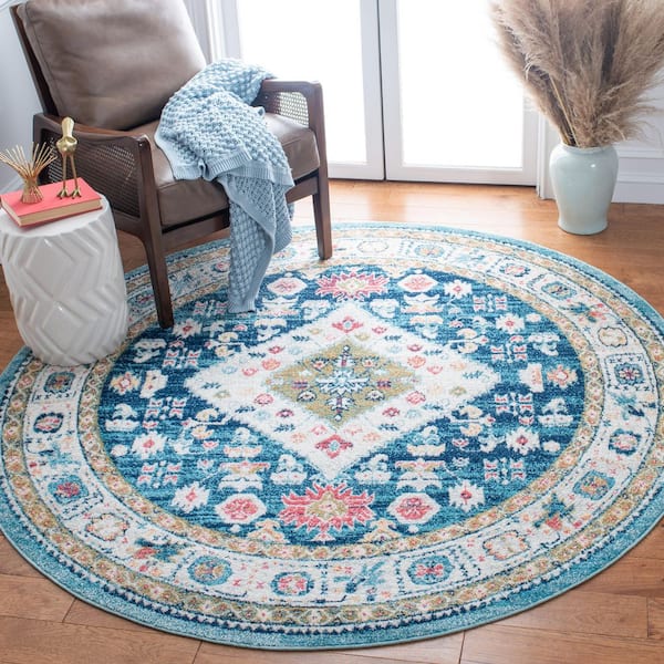 Madison Light Blue/Ivory 7 ft. x 7 ft. Border Persian Oriental Round Area Rug