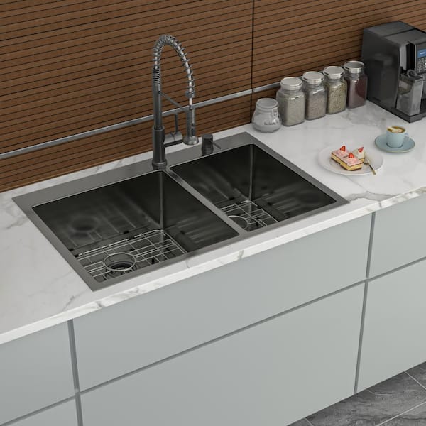 33 in. Drop-In Double Bowl 16-Gauge Gunmetal Black Stainless Steel Kitchen Sink with Bottom Grids