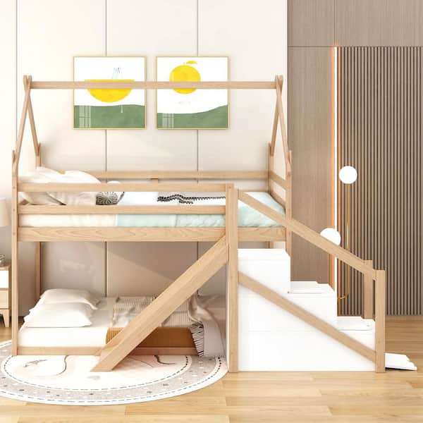 Polibi Twin over Twin House Loft or Bunk Bed with Slide and Staircase, Natural