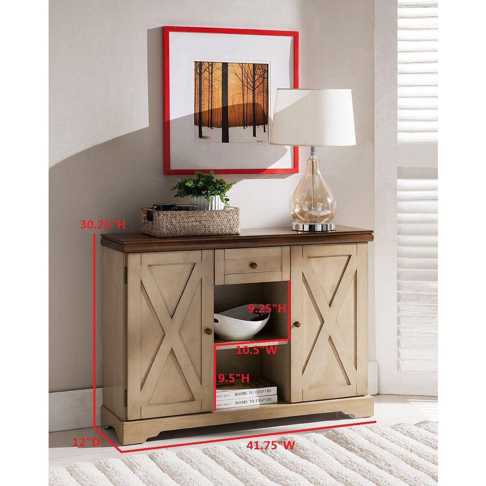 Antique White and Walnut Wood Console Table with Storage