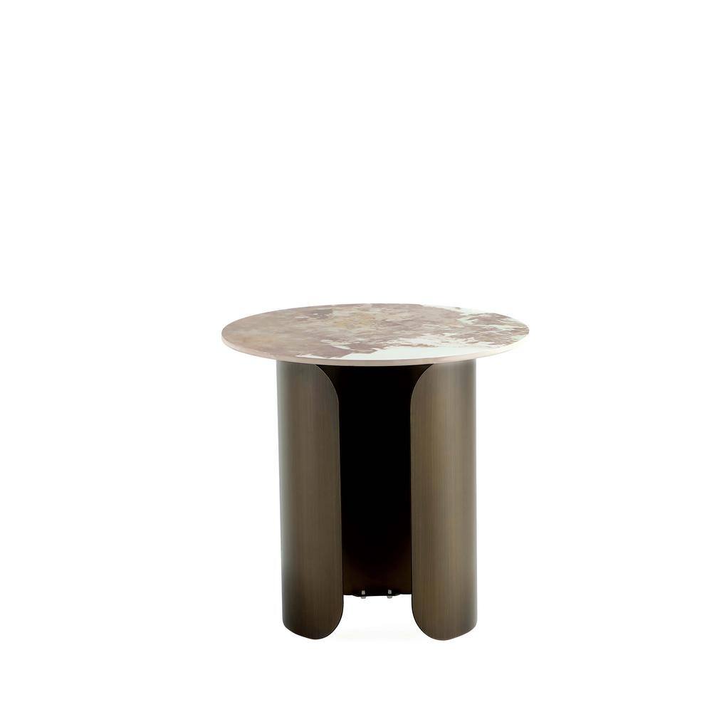 Monica Round Sintered Stone and Gold Metal End Table