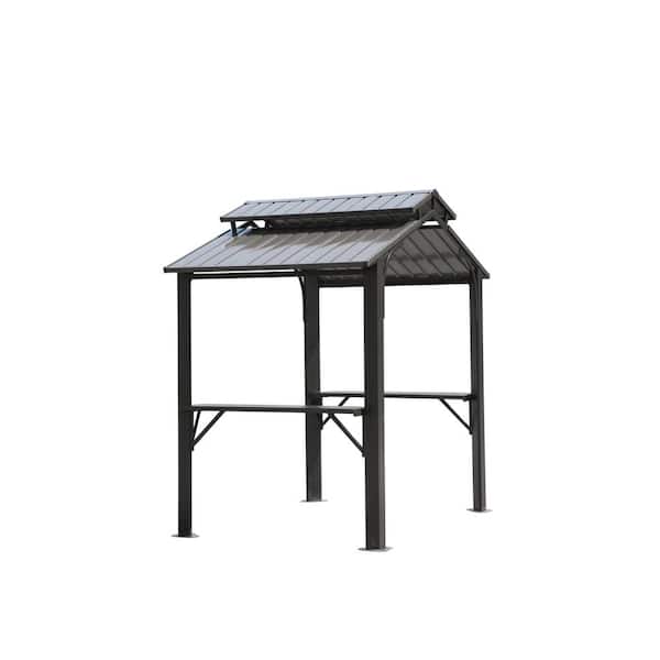 8 ft. x 5 ft. Gray Hardtop Outdoor BBQ Gazebo with Galvanized Steel Double Roof, 2 Side Shelves and Ceiling Hook