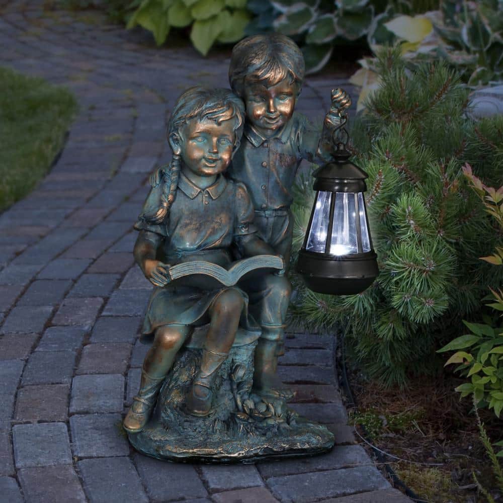 Solar Faux Bronze Girl and Boy Garden Statue with LED Lantern