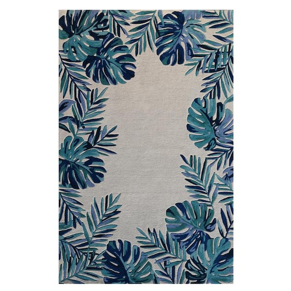 Kai Ivory/Blue 5 ft. x 8 ft. Tropical and Transitional Hand-Tufted Wool Area Rug