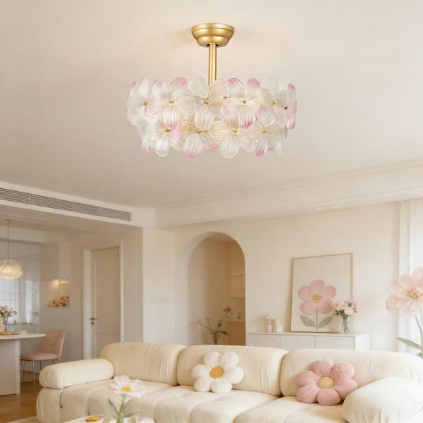 22 in. Indoor Pink Glass Flower Ceiling Fan with Light, Caged Fandelier with Remote Control, Downroad Mount for Bedroom