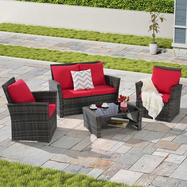 4-Piece Wicker Patio Conversation Set with Red Cushions, Tempered Glass Coffee Table