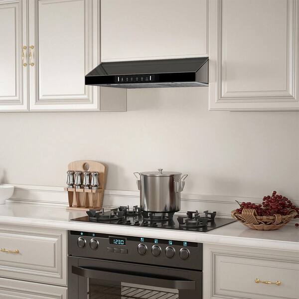 30 in. 700 CFM Ducted Under Cabinet Range Hood in Stainless Steel and Black Glass with Baffle Filters and LED Lights