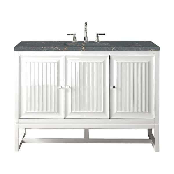 James Martin Vanities Athens 48.0 in. W x 23.5 in. D x 34.5 in. H Single Bathroom Vanity Glossy White and Parisien Bleu Quartz Top