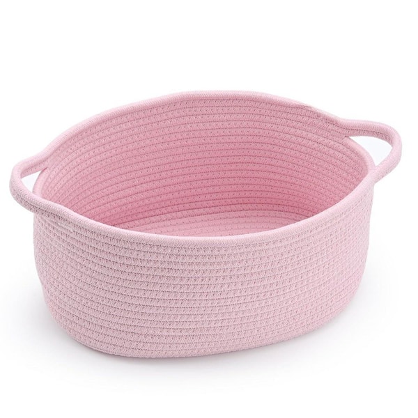 Pink 13 in. x 6 in. Farmhouse Chic Woven Storage Basket, Cotton Decorative Organizer Box (Set of 1)