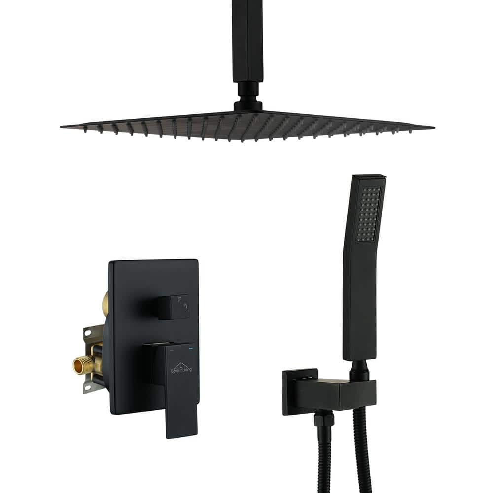 Boyel Living Shower System Ceiling Mounted with 12 in. Square Rainfall Shower Head and Handheld Shower Head Set, Matte Black