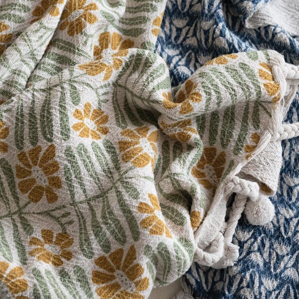 Storied Home Sage, Mustard Soft Woven Cotton Blend Printed Throw Blanket  with Flowers and Pompom Tassels DF6887 - The Home Depot