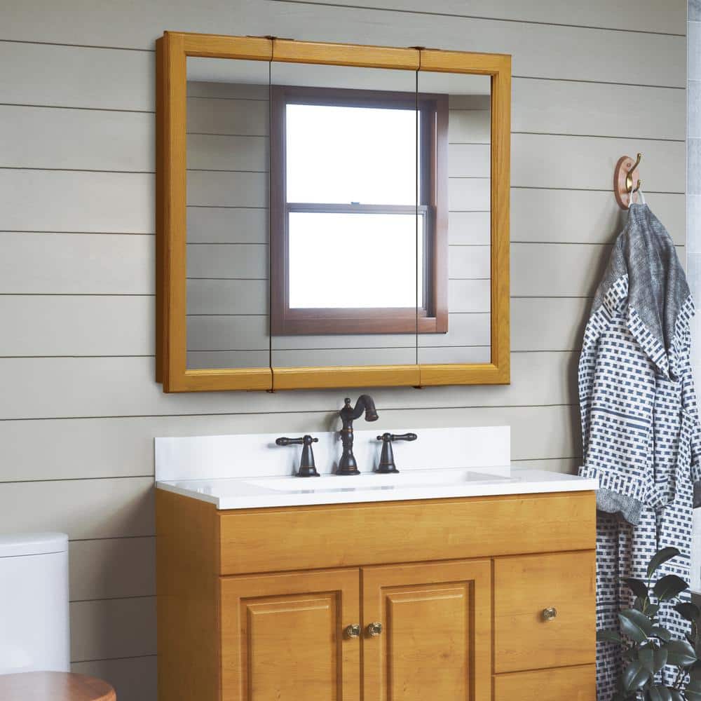 Claremont Honey Oak 36-Inch Tri-View Medicine Cabinet with Mirrored Doors