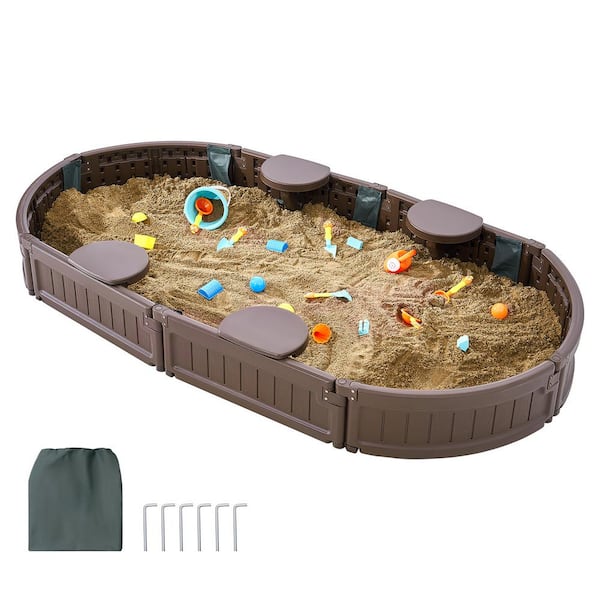 Oval Sandbox with Cover 3 ft. W x 6 ft. L, HDPE Sand Pit for Kids, 4 Corner Seating, Bottom Liner, Sandbox with Cover