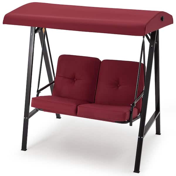 AECOJOY 2-Person Metal Patio Swing with Canopy and Cushions in Red
