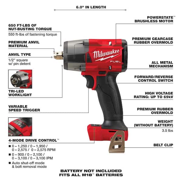 Milwaukee M18 FUEL GEN-2 18V Lithium-Ion Brushless Cordless Mid Torque 1/2  in. Impact Wrench with Pin Detent and Boot 2962P-20-49-16-2960 The Home  Depot