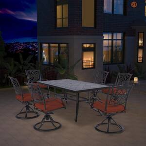 Rosemary 7-Piece Aluminum 68 in. L Outdoor Dining Set with 6 Cushioned in Red Swivel Chairs, Rectangular Table