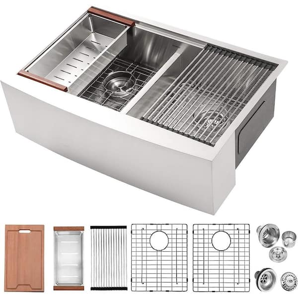 33 in. Farmhouse/Apron-Front Double Bowl 16 Gauge Stainless Steel Workstation Kitchen Sink with Low Divider