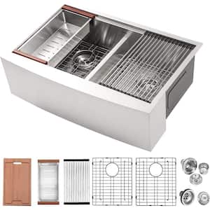 33 in. Farmhouse/Apron-Front Double Bowl 16 Gauge Stainless Steel Workstation Kitchen Sink with Low Divider